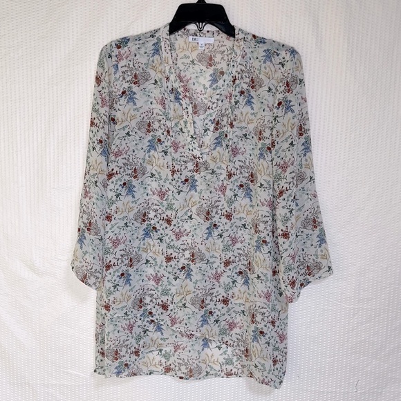 DR2 by Daniel Rainn Multi-Color Floral 3/4 Sleeve Split Neck Tunic Blouse-Sz Med - Picture 3 of 11